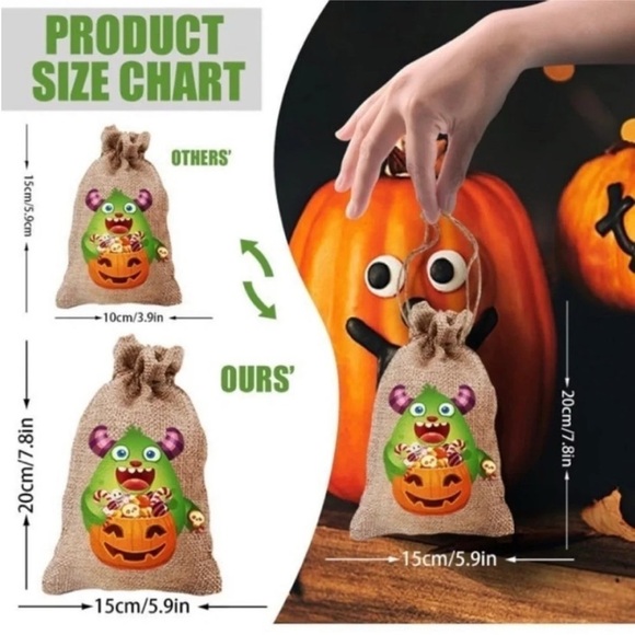 18PCS Halloween Burlap Gift Bags - Large Monster Goody Treat Bags w/ Drawstring - Picture 2 of 6